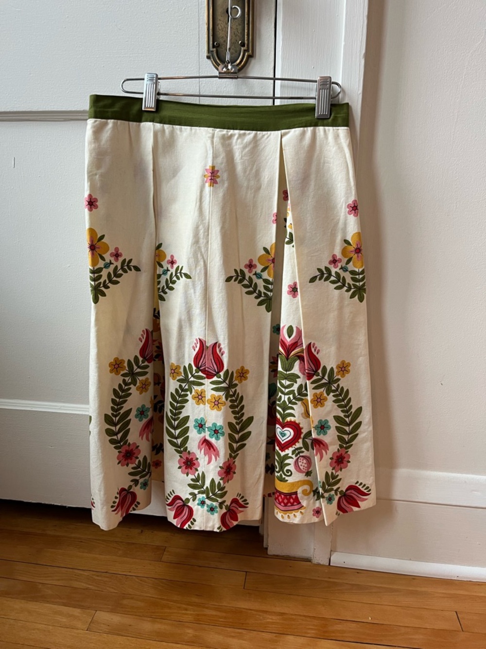 Vintage OOAK Cream Floral Midi Skirt with Green Waistband